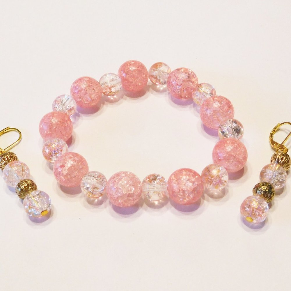 Handmade Peach Glass Beaded Stretch Bracelet & Matching Earrings  - 7.75"